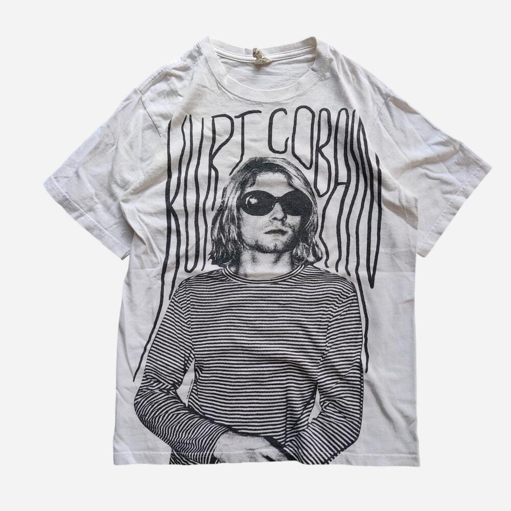 Kurt Cobain Nirvana The End of Music T-Shirt with black and white graphic of a m